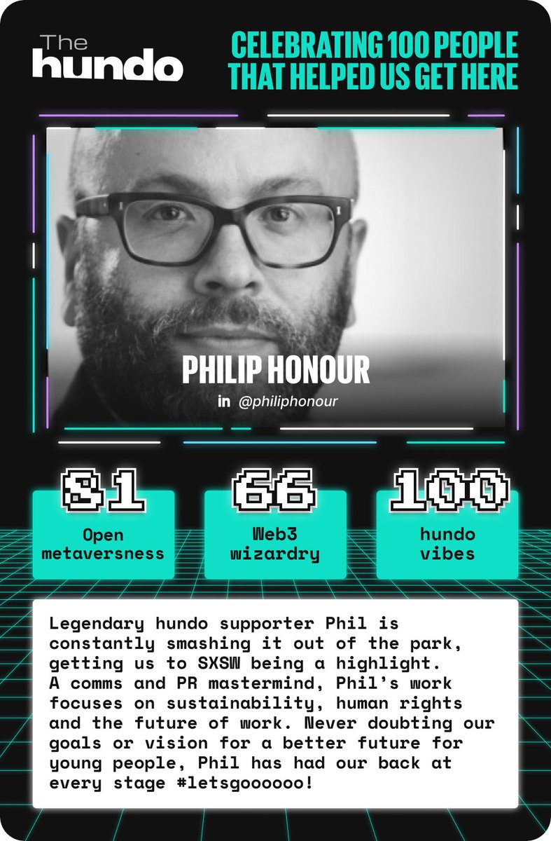 hundo_xyz's tweet photo. 💥70 days till #CareerCon22💥

We didn't expect anything lower than 100 points for hundo vibes for our next #hundo100...

Of course, it has to be @philiphonour, our legendary hundo supporter! Thank you for all your support, especially for hundo x @sxsw🥰

https://t.co/0dLOB3YC0J https://t.co/cQgOkPJkO1