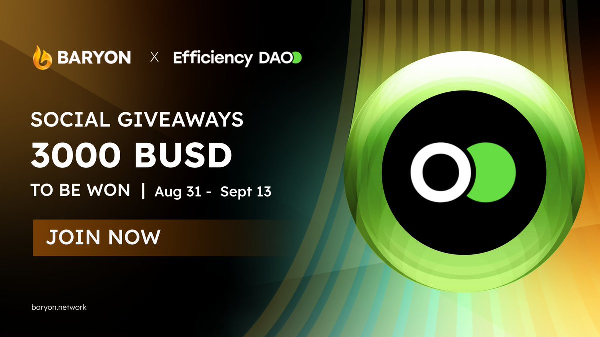 Baryon Network (@baryonnetwork) on Twitter photo $EFF will be officially listed on #BaryonNetwork! 🎉
To celebrate this up-coming listing event, #BaryonNetwork and <a href="/EfficiencyDAO/">Efficiency DAO</a> are excited to organize our very first Social Giveaways with 3️⃣0️⃣0️⃣0️⃣ $BUSD in total rewards🎁
2️⃣weeks to GO, earn NOW 💥baryon.link/eff-social-camp $EFF will be officially listed on #BaryonNetwork! 🎉
To celebrate this up-coming listing event, #BaryonNetwork and <a href="/EfficiencyDAO/">Efficiency DAO</a> are excited to organize our very first Social Giveaways with 3️⃣0️⃣0️⃣0️⃣ $BUSD in total rewards🎁
2️⃣weeks to GO, earn NOW 💥baryon.link/eff-social-camp