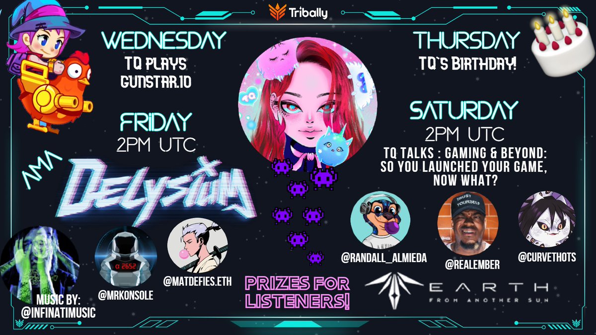 Ready player one?👀👾

👾Friday 2pm UTC: AMA w/ <a href="/The_Delysium/">Delysium - $AGI 🟨</a> with <a href="/mrKonsole/">mrKonsole</a> <a href="/MatDefies/">Mat</a> &amp; @infinatimusic

👾Saturday 2pm UTC: we chill w/ @RealEmber @PlayEFAS  <a href="/randall_almeida/">ʀᴀɴᴅᴀʟʟ</a> <a href="/curvethots/">God’s weakest solider</a> and the TQ fam in 
Gaming &amp; Beyond: So you launched your game, now what?

Links below!🫡🔥