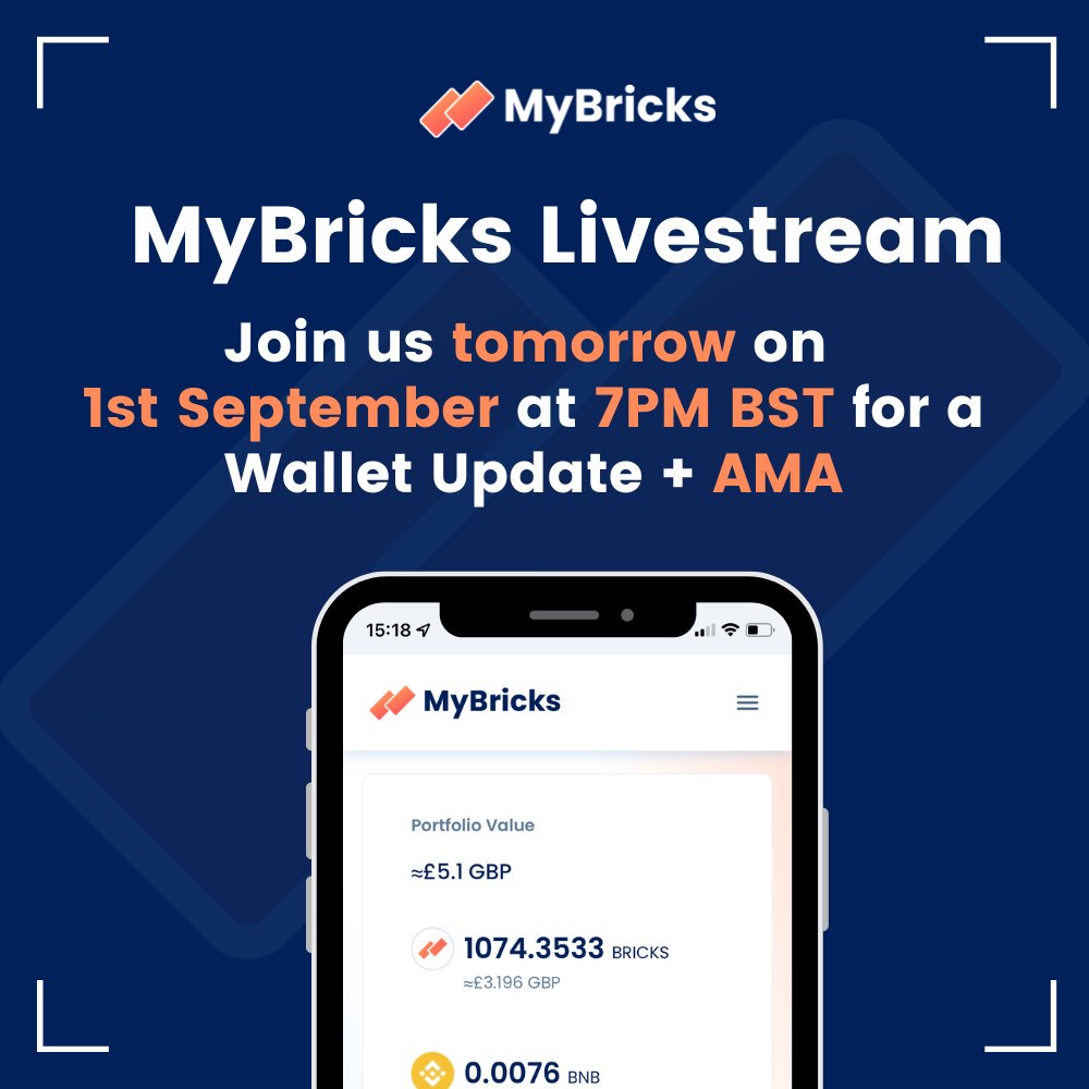 MyBricksFinance's tweet photo. For all of you waiting for an update on the MyBricks Wallet, make sure you block out 7PM BST tomorrow in your calendar 📅

We'll be going live on Facebook, Twitter &amp; YouTube 👉 https://t.co/ms30LGnzpB https://t.co/mw5qkfklwd