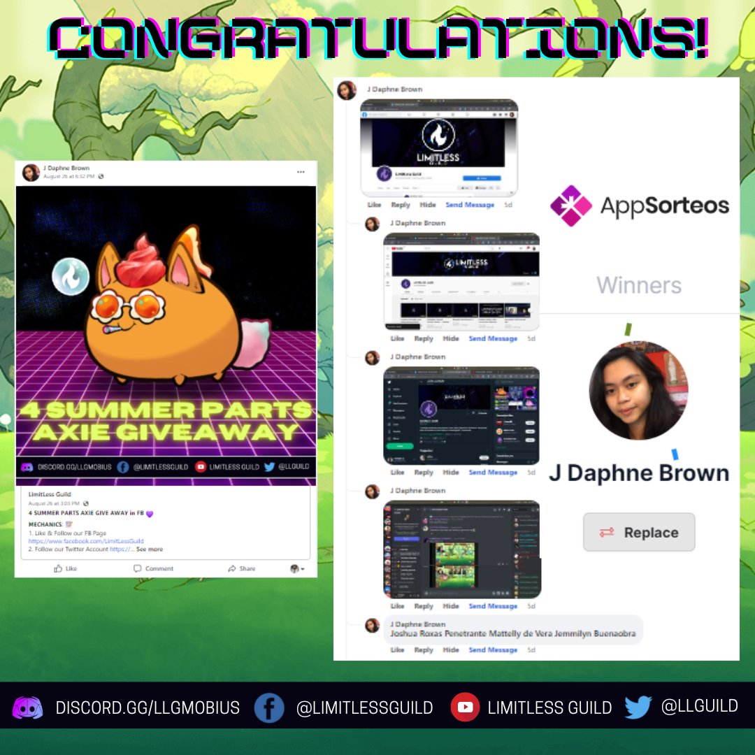 LLG_Mobius's tweet photo. Congratulations J Daphne Brown for winning to our Summer Axie Giveaway in Facebook π
ππ’πππ’πͺ π¨π¦:
β
Facebook: https://t.co/4z3Z8tdaiK
β
Twitter: https://t.co/M0qtOeVE5s
β
Youtube: https://t.co/NNlyJ4I1Kz
#AxieInfinity #AxieOrigin #LLGMobius #LimitLessGuild #StayLimitLess https://t.co/cqVQdBjOlB