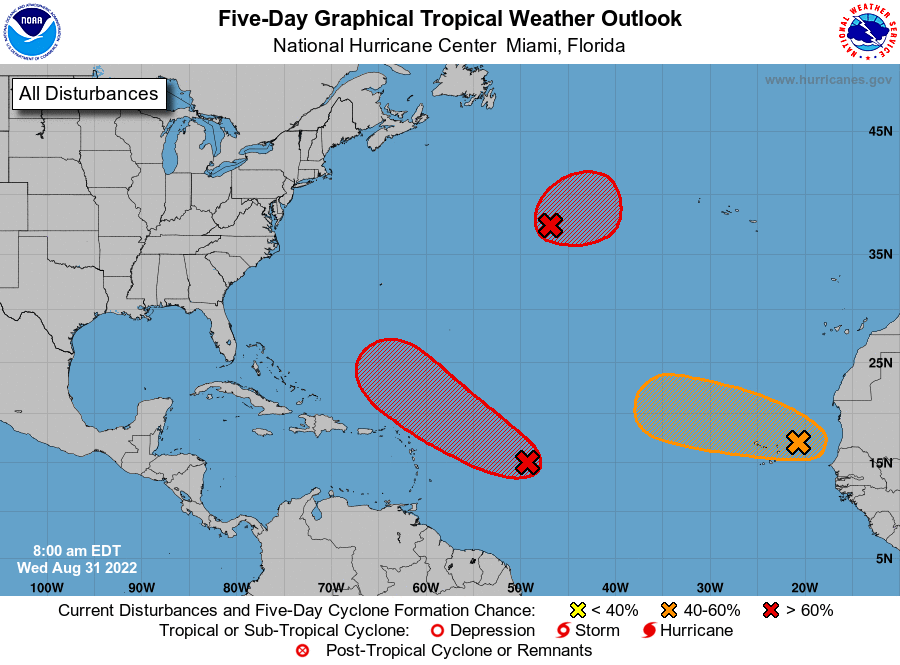 NHC_Atlantic's tweet photo. Hurricane season is heating up! NHC is monitoring 3 areas for tropical development during the next 5 days in the Atlantic basin.  See here for details: https://t.co/m9946DoYYi https://t.co/VFbas84xIN