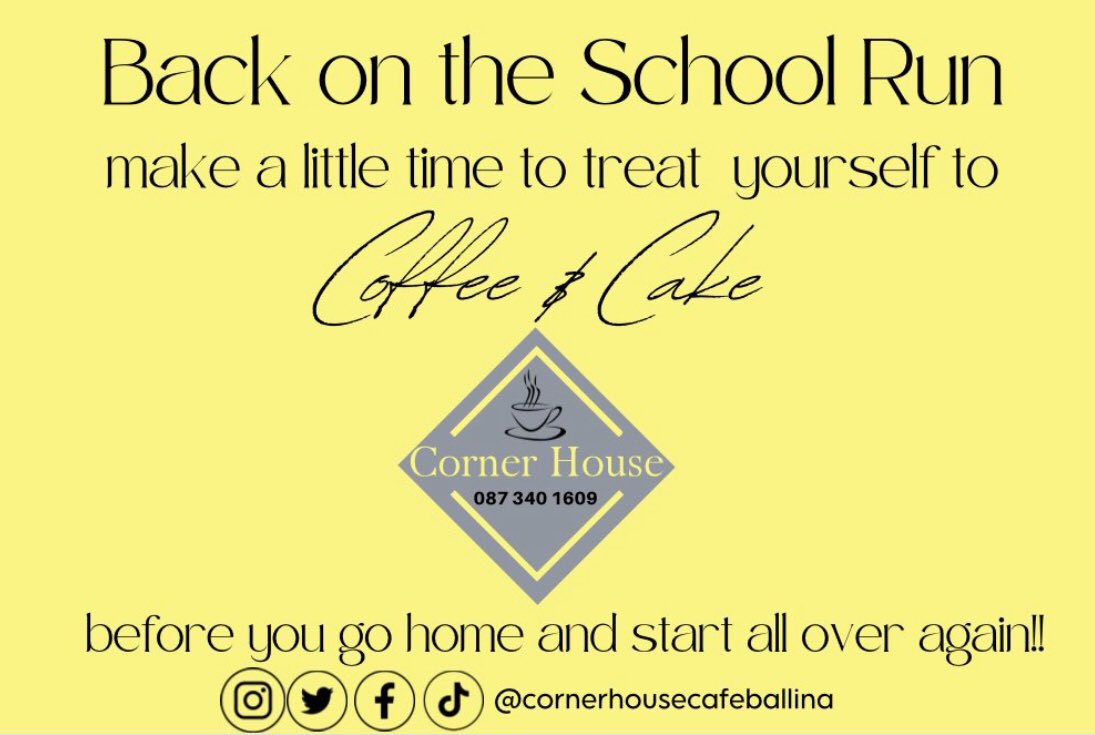 cornerhousecfe's tweet photo. Back on the school run, make a little time for a treat. Pop in for a coffee. We are just behind @StMuredachs Unit 11 Bunree Road #backontbeschoolrun #backtoschool #coffee #cake #ballina #bunree #cornerhouse #treatyourself https://t.co/PpasAHlnGr