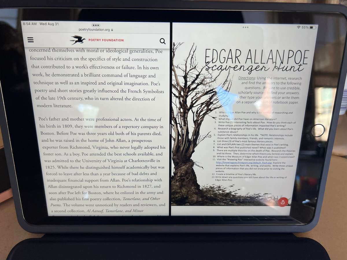 MsCartwright2's tweet photo. Today we started our Edgar Allan Poe unit in 12th grade English! Students started today by researching who he was and enjoyed working together and collaborating on their iPad’s! @MHSTrentSherman @shelbywglover @BerkCoSchoolsWV https://t.co/Yr3OvajljF