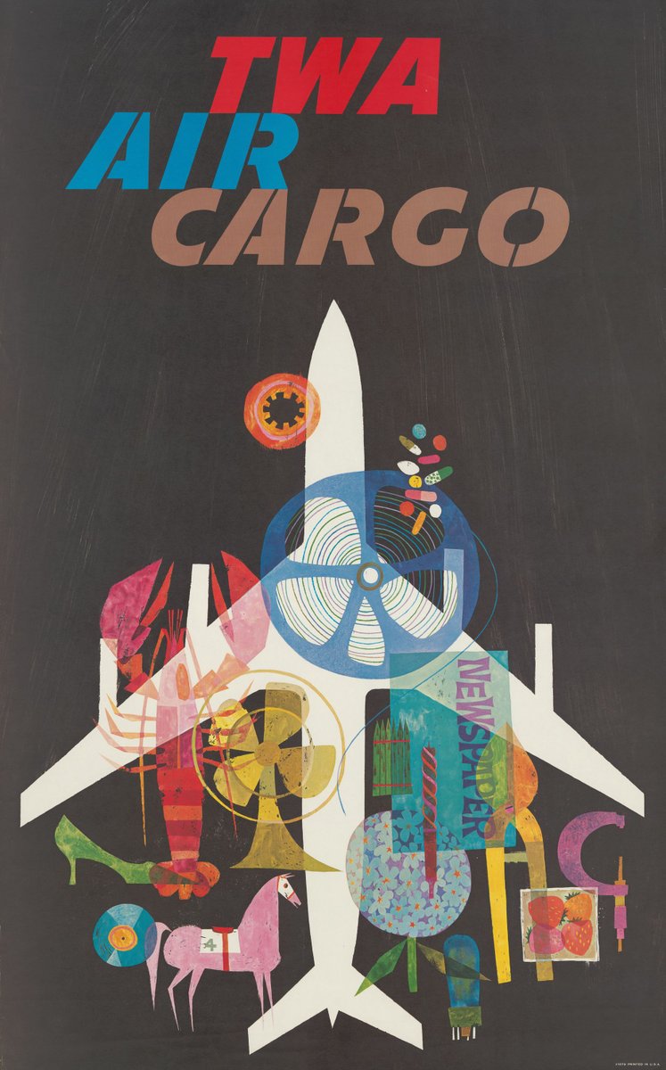 NUL_Transport's tweet photo. David Klein's posters for TWA are among the most iconic imagery of the jet age: his illustrations promoted TWA's passenger service to destinations around the world. The airline's cargo service was included too, as shown in this 1965 poster. #DesignLibraries https://t.co/p0vm6EIA9J