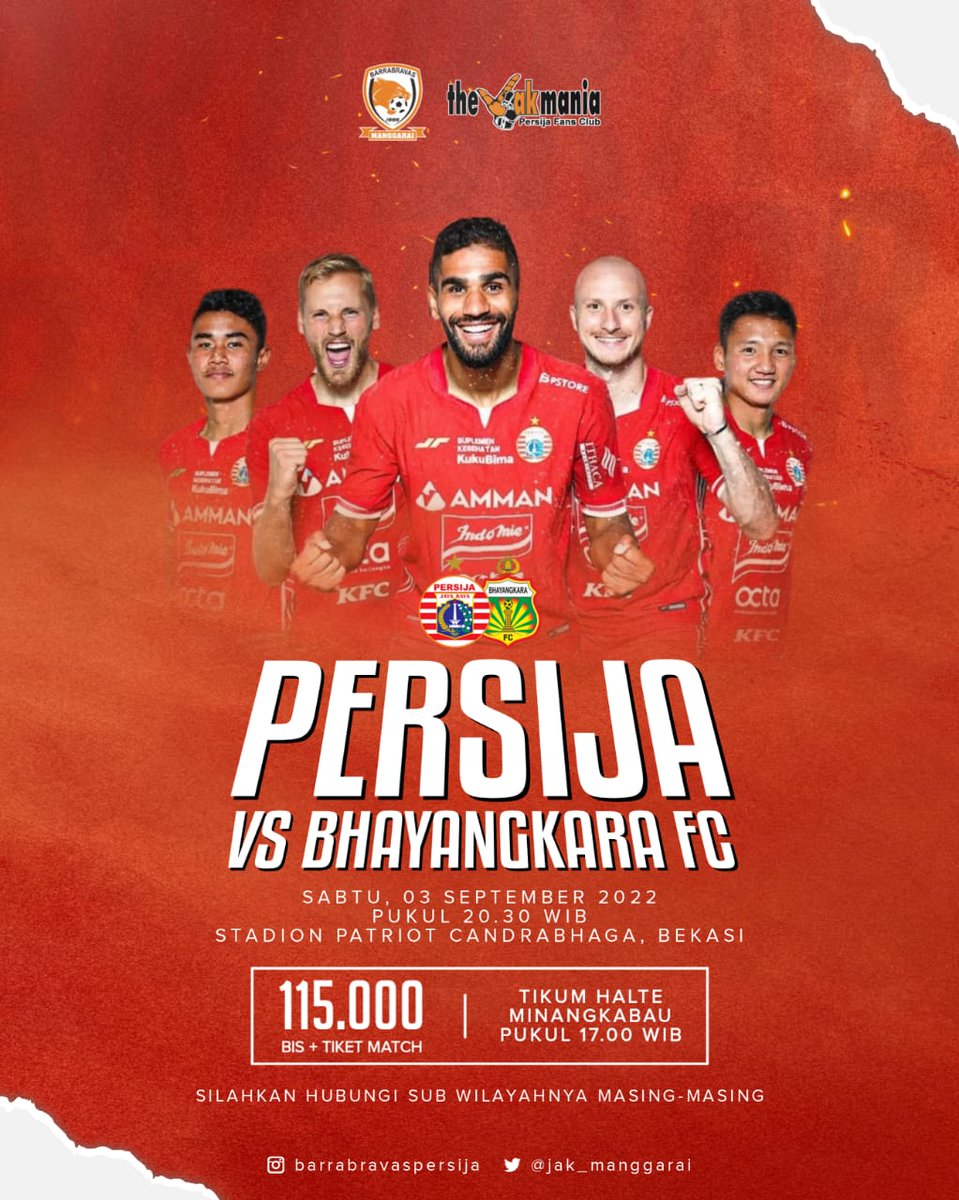 Jak_Manggarai's tweet photo. Berangkat Bareng Barrabravas!

Liga 1 2022

🥊: Persija Jakarta vs Bhayangkara FC
🗓️: Sabtu, 3 September 2022
🏟️: Stadion Patriot Chandrabaga Bekasi
⏰: 17:00 WIB
📍: Halte Minangkabau

Untuk pemesanan, Silahkan menghubungi Sub Wilayah masing-masing! https://t.co/0toGxP3o8X