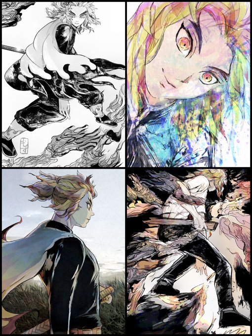 #今月描いた絵を晒そう 
3枚しかなかったので、雑ならくがき(右下、現代鬼殺隊的な…)も入れました。来月がんばろう。絵を描ける環境に感謝! 