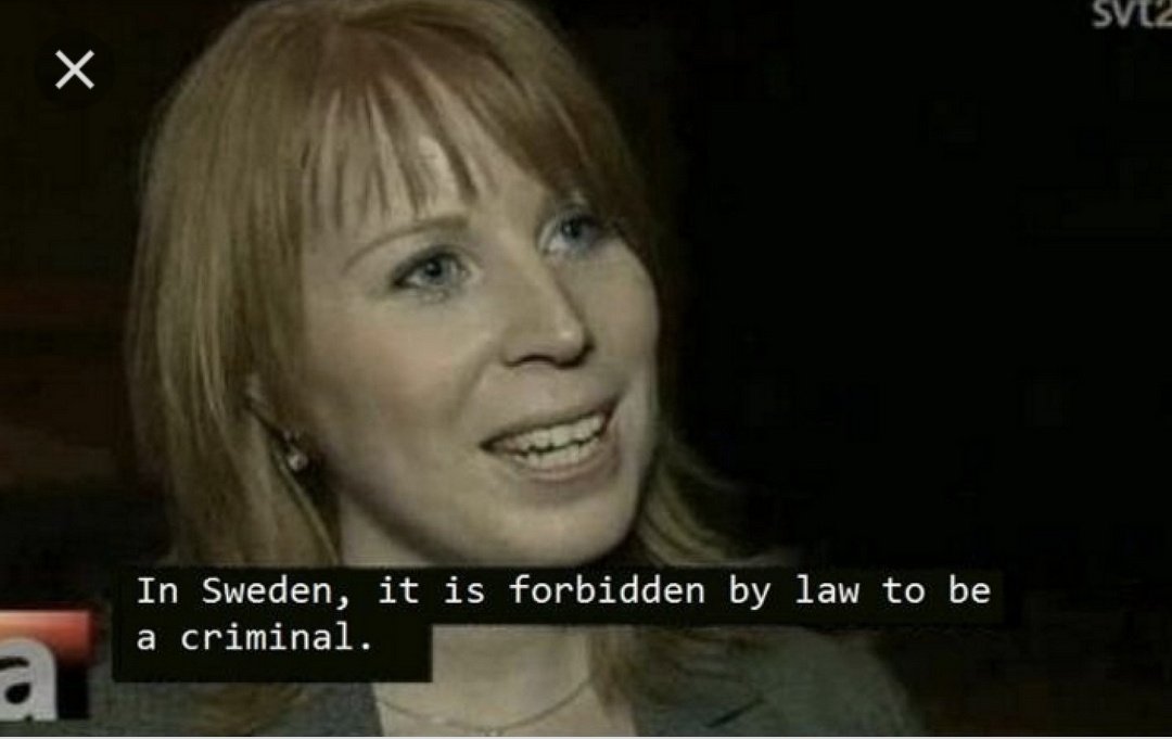 azureScapegoat's tweet photo. Not many people know this but crime is traditionally frowned upon in Swedish culture. It's even against the law.
Here's Center Party leader Annie Lööf to explain the concept: https://t.co/wSoNBA0R4J