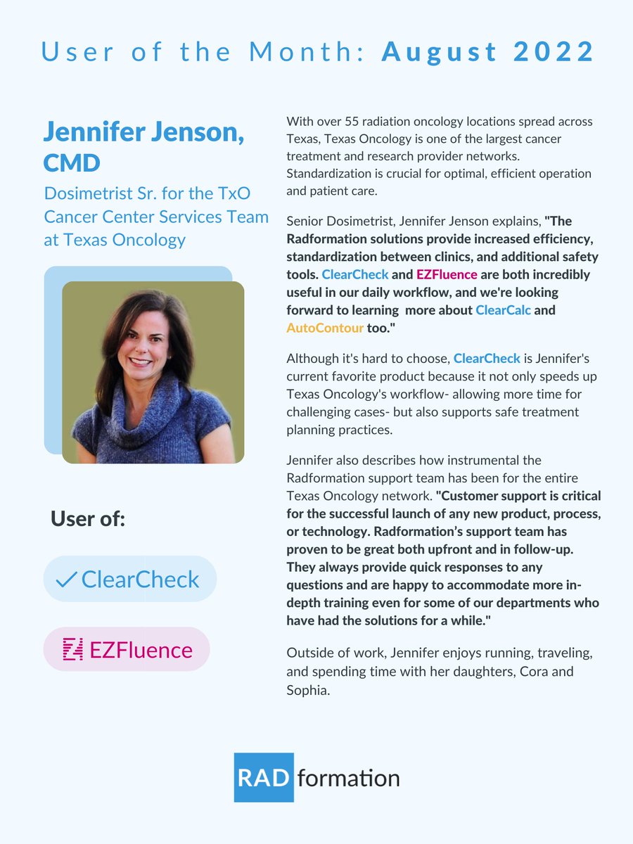 Radformation's tweet photo. Meet our August User of the Month, Jennifer Jenson, a Senior Dosimetrist with @TexasOncology. Jennifer explains, "The efficiencies Radformation products provide enable our planning team to spend more time creating quality plans for our patients." #medicaldosimetry #radformation https://t.co/1L2iJpIztM