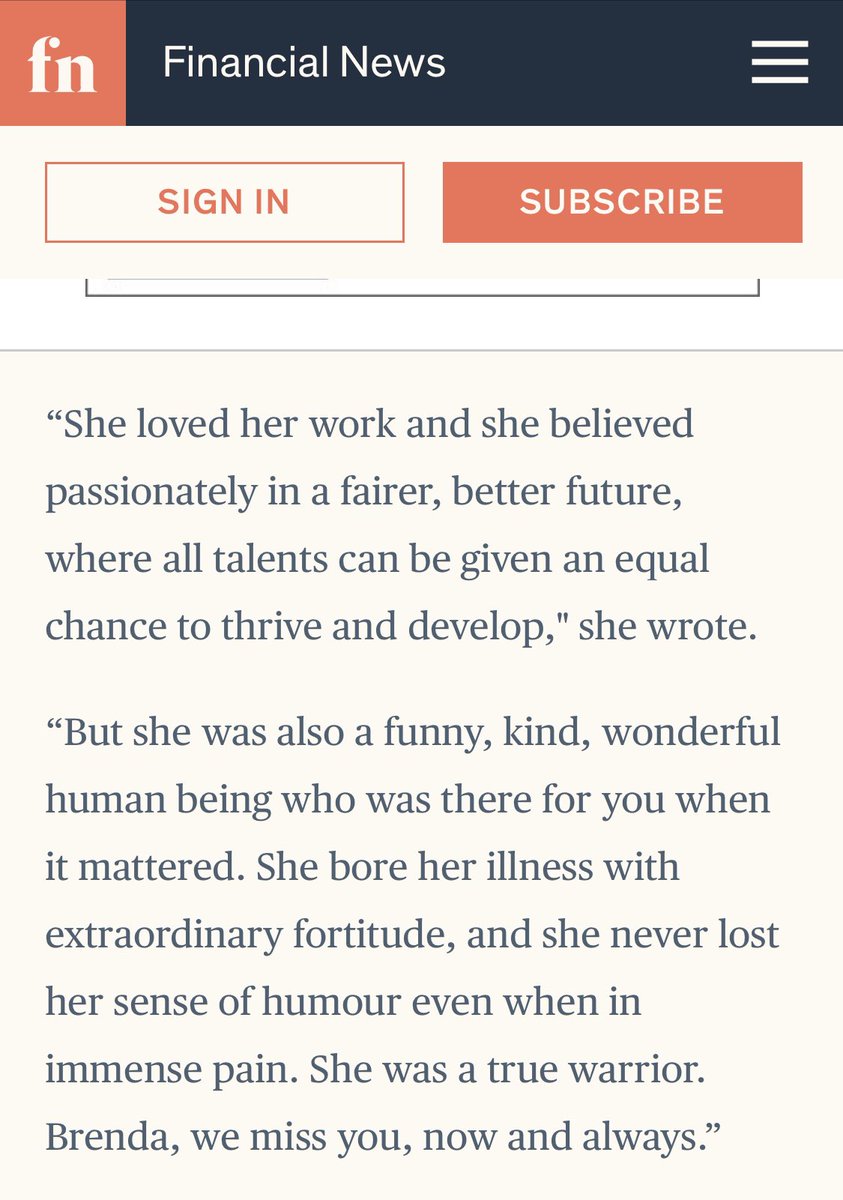 Very sad to learn of Brenda Trenowden's death earlier this week. A passionate supporter of @30percentclub from the start, and for a time it's chair, and made a big impact. I couldn't say it better than our current chair @AnnMCairns in the article pictured. Miss you, Brenda.