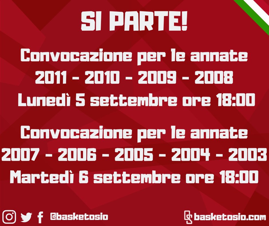 basketosio's tweet photo. Si riparte con energia ed entusiasmo!
Il 5/9 alle 18:00 sono convocati tutti gli atleti delle annate 2011, 2010, 2009 e 2008.
Il 6/9 alle 18:00 gli atleti delle annate 2007, 2006, 2005, 2004 e 2003.
Verifica la scadenza del tuo certificato medico.
#basketosio #forzaosio #siparte https://t.co/hEMKwOBfQ0