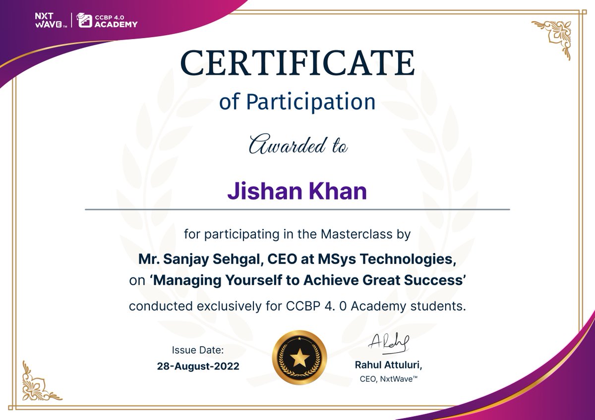 Zishanverse's tweet photo. Got Certificate for participating in the MasterClass by Sanjay Sehgal sir
thank you @nxtwave_tech team for amazing podcast 😇
#ccbp #ccbpian #certificate #certificateofcompletion #podcaat #learning #success #rulesofsuccess https://t.co/Sb5dkv66l6