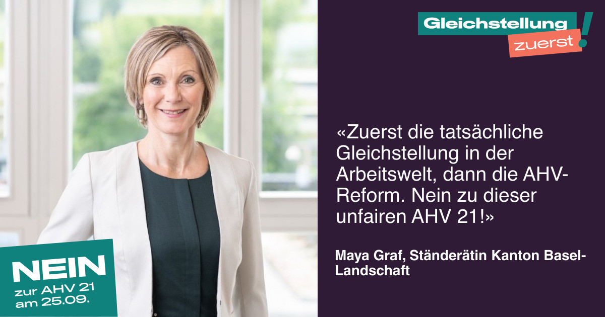 Gleichstellung zuerst! Bevor eine Rentenaltererhöhung in Frage kommt, braucht es die tatsächliche Gleichstellung in der Arbeitswelt.

👉 Sag auch du Nein zu dieser verfrühten und unfairen AHV-Reform und unterstütze uns mit einem Testimonial: ahv-nein.ch 

#ahv21nein
