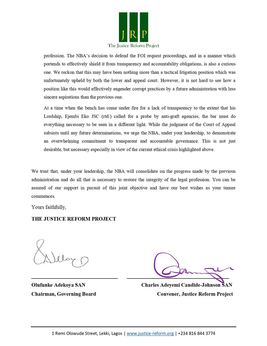 The Justice Reform Project congratulates <a href="/YCMaikyauSAN/">Y.C Maikyau, SAN, FCIArb(Uk), OON</a> on his inauguration as the 31st President of <a href="/NigBarAssoc/">Nigerian Bar Association</a>. In our congratulatory letter, we have also drawn his attention to matters we consider important for efficient justice administration and the legal profession.