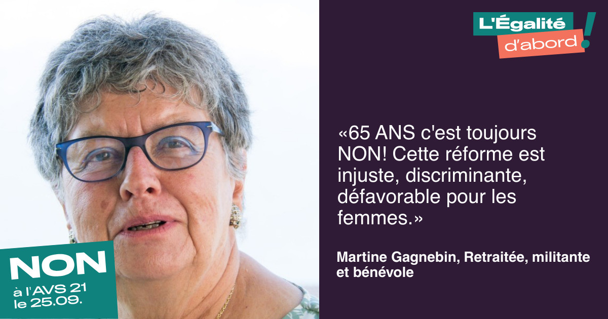 L'égalité d'abord ! Avant d'envisager une augmentation de l'âge de la retraite, il faut d'abord une véritable égalité dans le monde du travail.

👉 Toi aussi, dis non à cette réforme prématurée et injuste et soutiens-nous avec un témoignage: avs-non.ch

#avs21non