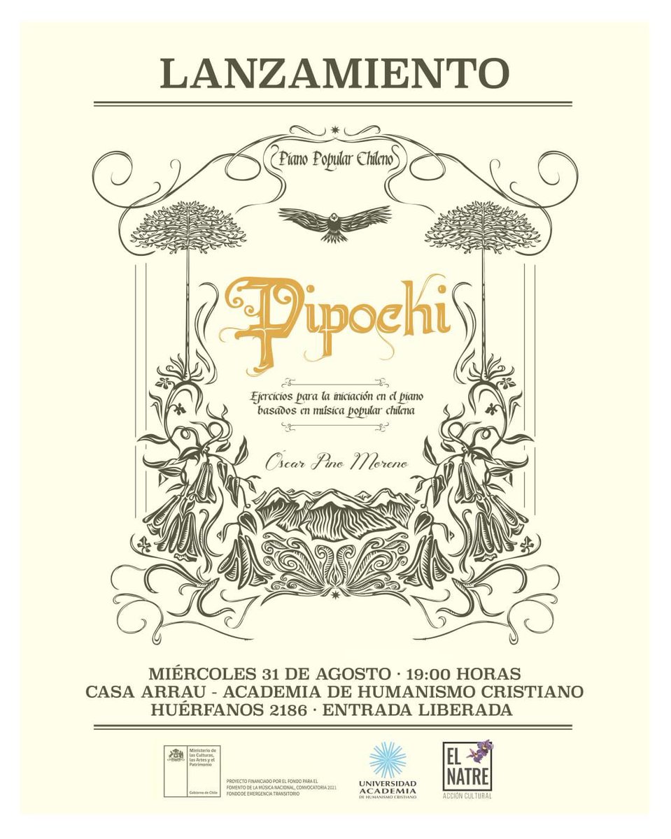 Lanzamiento PIPOCHI, de nuestro director musical 🎵 Óscar Pino, Huérfanos 2186
Hoy miércoles 19:00 #piano #leccionesdepiano