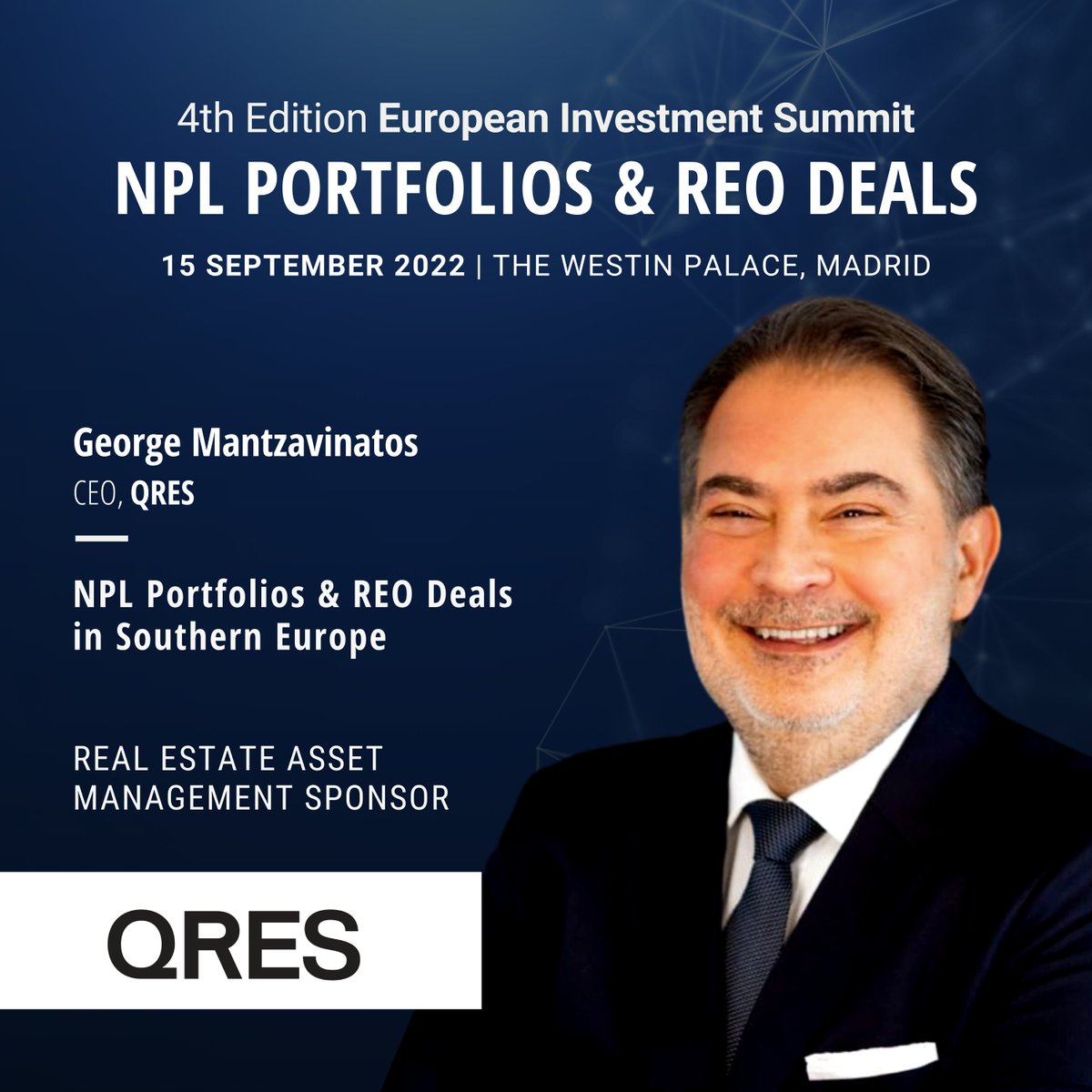 #QRES, Real Estate Asset Management, is sponsoring the 𝗘𝘂𝗿𝗼𝗽𝗲𝗮𝗻 𝗜𝗻𝘃𝗲𝘀𝘁𝗺𝗲𝗻𝘁 𝗦𝘂𝗺𝗺𝗶𝘁. George Mantzavinatos, CEO, will share a liquidity and market outlook of different #realestate asset classes. September 15th in Madrid👉 lnkd.in/dh6WKqa5 #DDCSummits