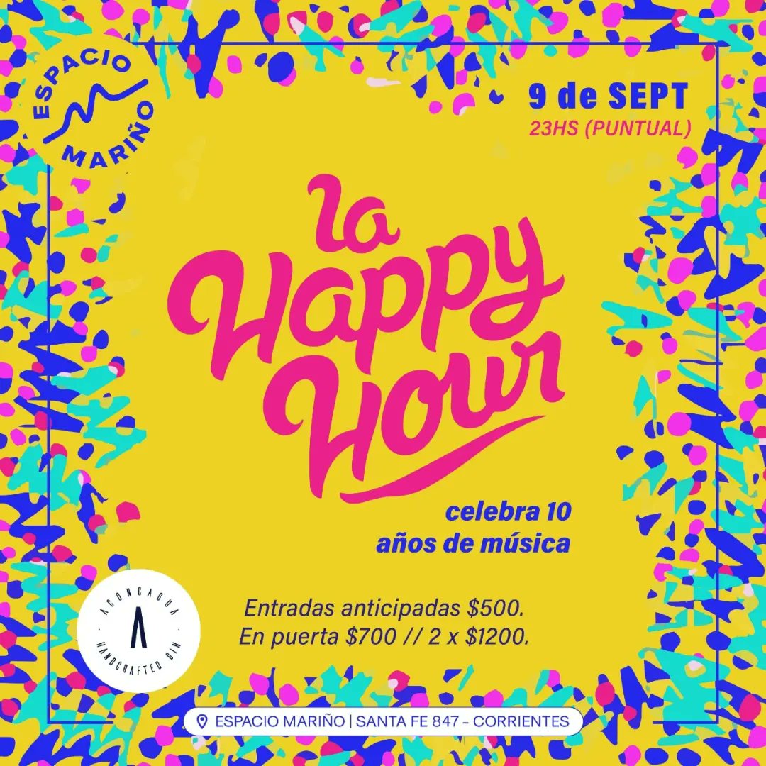 lahappyhourOk's tweet photo. Viernes 9/9 celebramos los 10 años de @lahappyhour con la música y te invitamos a festejarlo con nosotros 🙌

El encuentro será en la sala del patio cultural @espacio_marinio el día Viernes 9 de septiembre a las 23 hs (puntual). 

#LaHappyHour #10años #OtraVez #Musica https://t.co/frBRR1VP2C