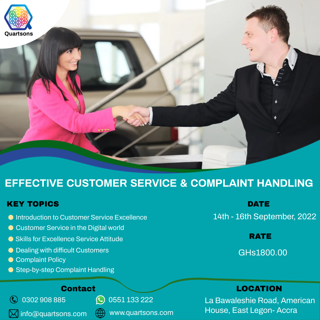 quartsons's tweet photo. Not sure how to handle difficult customers?
Seeking to cultivate a great customer service system?
Seeking to improve your customer service skills?

Join us as we train you on how best to handle complaints and improve your customer service skills.
#Training #wednesdaythought https://t.co/4pIa4UOgsT