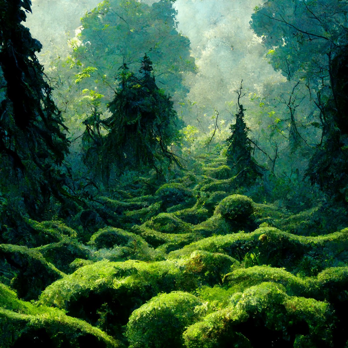/imagine that place: deep, misty green forest in the sky and shadows between moss-covered, cybernetic branches like ancient animals dancing

The Digital Dream, 2022 
#poësyden #midjourney #thedigitaldream #promptverses #promptisäkeet #aigeneratedart #runopaikka #tarjahallberg