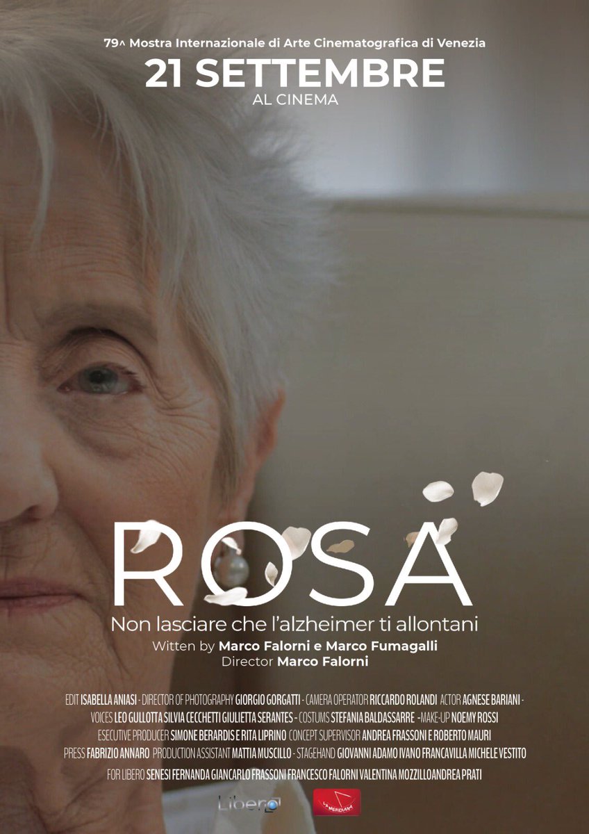 ROSA sarà presentato giovedì 01 settembre presso l’Italian Pavilion durante la 79^ Mostra Internazionale di Arte Cinematografica di Venezia. 
Il 21 settembre al cinema! 

Prodotto da:
@liberoproduzionitv 
@cooperativalameridiana 

#Rosa #Alzheimer #liberoproduzionitv #lameridiana