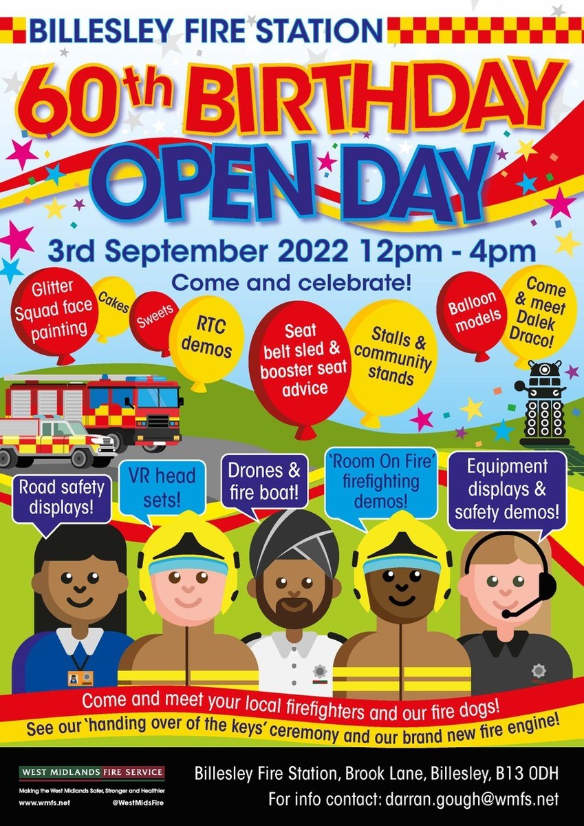 To mark Billesley Fire Stations' 60th birthday, we're attending their celebratory Open Day this Saturday 🎉 Join us and @BhamCityCouncil for a fantastic afternoon where attendees can watch firefighting demos, meet @WMFSBillesley fire dogs and so much more for families to enjoy!