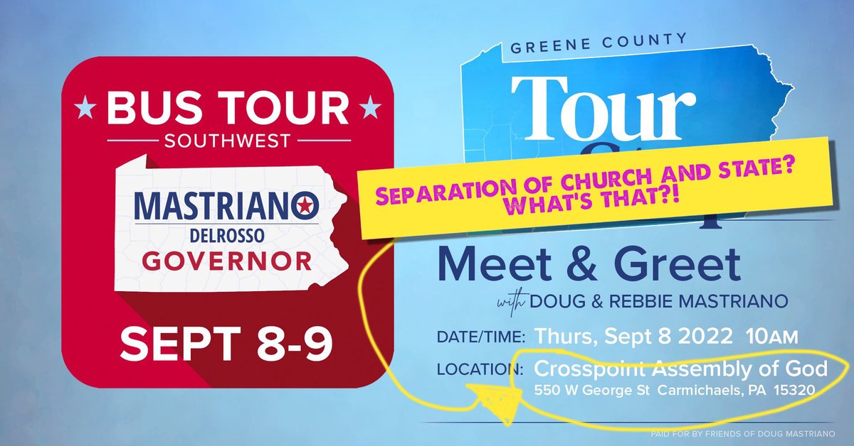 TuesdaysToomey's tweet image. Yet another way @dougmastriano shows he doesn't believe in the separation of church and state: he regularly campaigns at churches! YOU can do something about it! Report this tax code violation to the IRS:
irs.gov/pub/irs-tege/d…