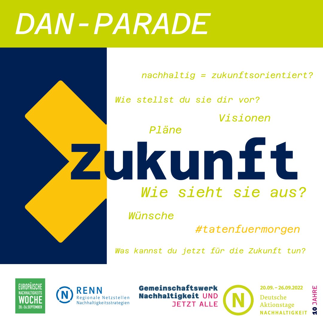 Wie möchtet ihr in Zukunft leben? Was könnt ihr schon jetzt dafür tun? Diese Fragen sollen im jetzigen #DANParade-Zeitraum Form annehmen.
Erstellt bis zum 18.09.2022 einen Post, in dem ihr <a href="/gw_undjetztalle/">Gemeinschaftswerk Nachhaltigkeit</a> verlinkt und zeigt uns euer #Zukunftsbild bzw. euer #Engagement. Let's go!