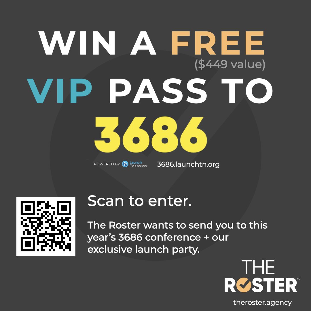 Don't miss out! Last day to enter The Roster's contest to win FREE VIP PASS to 3686 Festival in Nashville, TN(3686.launchtn.org) Winners will be announced at 5:00p Central 8/31/22. Enter here: theroster.us/3686 #FindWork #FindTalent #3686festival #launchTN