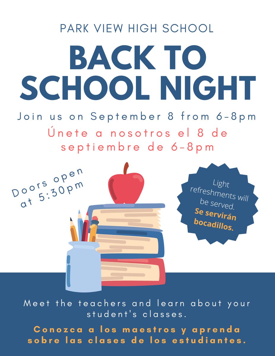 PV Back To School Night
September 8
6-8 pm

Doors open at 5:30 for parents to pick up their student's schedule and a school map