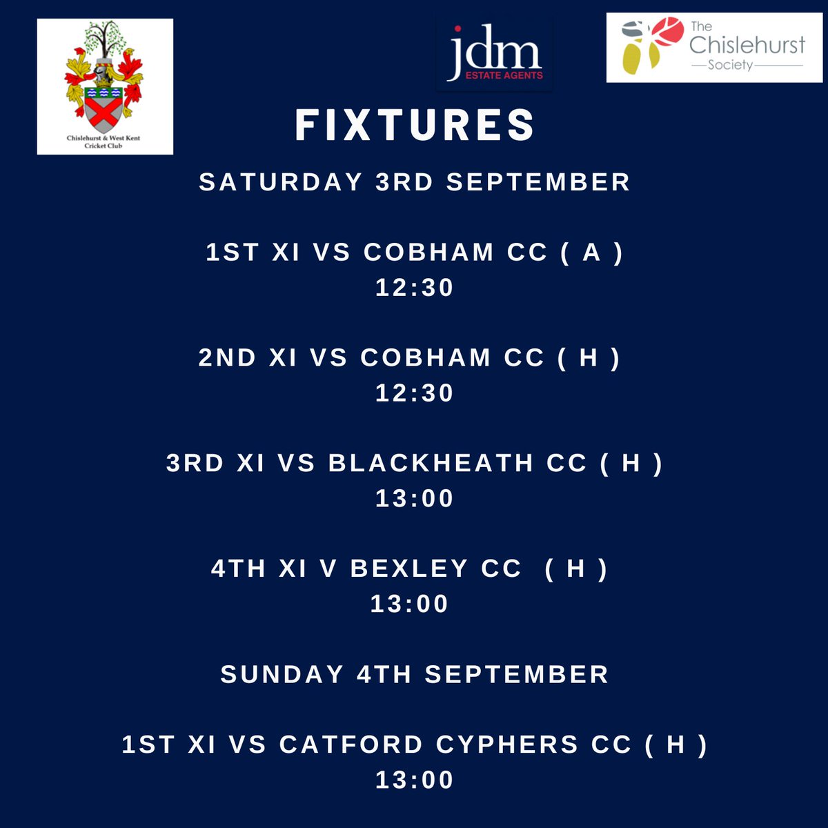 Chislehurst & WK CC (@cwkcc) on Twitter photo Final set of league fixtures this weekend.
1st XI take on <a href="/Cobhamcc1850/">Cobham Cricket Club</a> as first game as champions
2nd XI will host <a href="/Cobhamcc1850/">Cobham Cricket Club</a>
3rd XI host <a href="/blackheathcc/">Blackheath Cricket Club 🏏</a> in a must win game
4th XI will be home to <a href="/BexleyCC/">Bexley CC</a> Final set of league fixtures this weekend.
1st XI take on <a href="/Cobhamcc1850/">Cobham Cricket Club</a> as first game as champions
2nd XI will host <a href="/Cobhamcc1850/">Cobham Cricket Club</a>
3rd XI host <a href="/blackheathcc/">Blackheath Cricket Club 🏏</a> in a must win game
4th XI will be home to <a href="/BexleyCC/">Bexley CC</a>