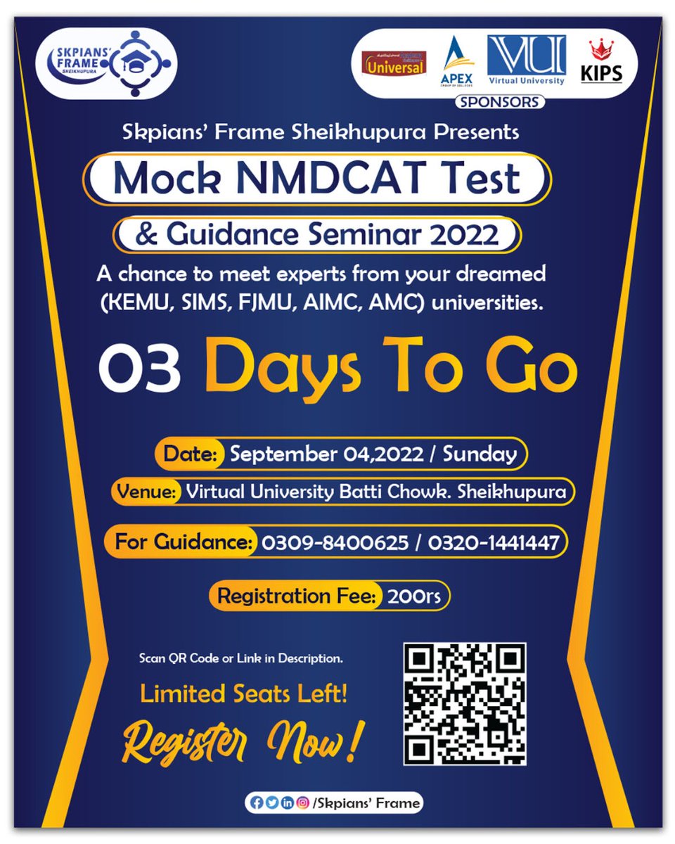 SkpiansFrame's tweet photo. SKPIANS' FRAME has organised a Mock test and seminar ,So mark your calendars as there are only 2 days left in the Mock MDCAT.
Registration form;
https://t.co/MFjyLAHsKi
Day: Sunday
Date: Sep 4, 2022.

#VirtualUniversity 
#universalacadamy 
#Apex
#kips
#skpianframe
#letsbuildyouth https://t.co/IbmxjteHhY