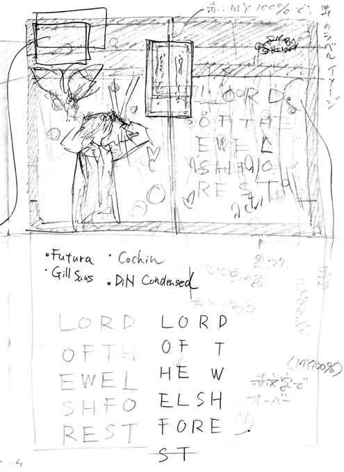これはオベ&妖精本をどういう表紙にしようかなーと考えていた時の死ぬほど雑なメモです(紙とデータが残っていた) もうどこにもない秋の森の遺影という意味合いでイラストはモノクロにしました。差し色の少し鈍めのオレンジ色は、標本ラベルの雰囲気と、あの森を焼いた火のイメージとで選んだ色です 