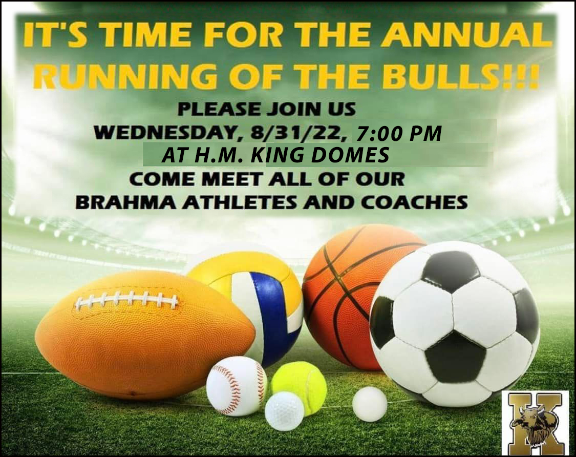 GoMightyBrahmas's tweet photo. Great Day to be a Brahma! See you this evening at H.M. King Domes for our Annual Running of the Bulls!!! The meeting time: 7:00 PM. #GoBrahmasGo #KISDUnited #TeamKISD @PerezCissy \ β½οΈππβΎοΈπ₯πΎπβ³οΈποΈββοΈ https://t.co/xBXlDPcFfb