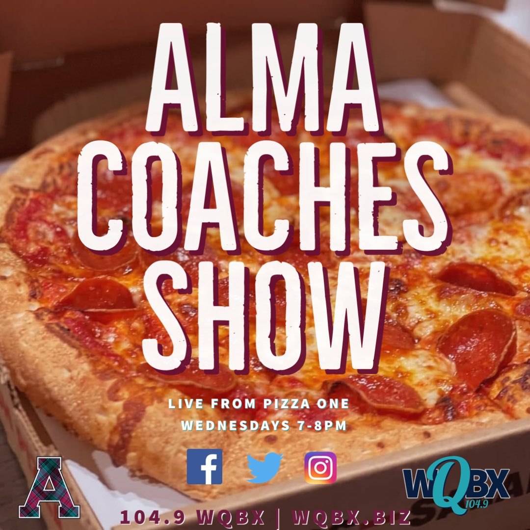 🏈We’ll see you tonight football fans! The first Alma Coaches Show, live from Pizza One, kicks off tonight at 7pm! We’ll be joined with head coach, @CoachCouchAlma, to talk about the upcoming season! Go Scots! 🍕 @AlmaScotsFB @AlmaScots