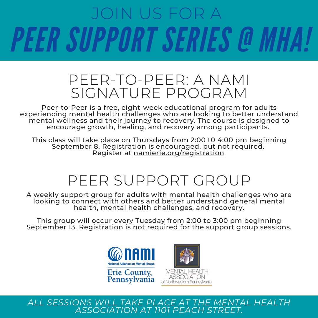 NAMIErie's tweet photo. Check out our upcoming Peer Support Series at the Mental Health Association! Registration is encouraged, but not required. 

Register at https://t.co/wrHX0kkGYC

Please come join us! 😀 https://t.co/m1lLmrxmdm