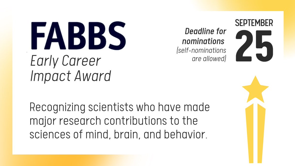 cogsci_soc's tweet photo. #FABBS is seeking nominations for the Early Career Impact Award. This award is presented to scientists of @FABBS member societies and recognizes scientists who have made major contributions to our sciences.
Visit https://t.co/hawKY0fpqk by Sep. 25th to learn more and nominate! https://t.co/aispGDhrg2