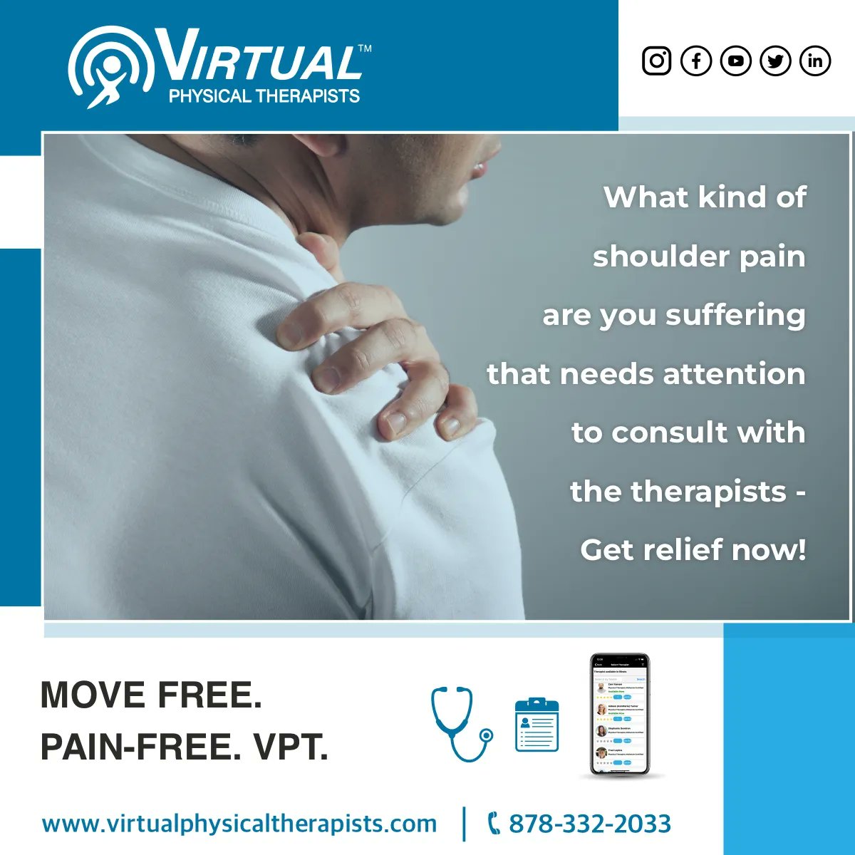 VirtPhys's tweet photo. Dislocation, separation, fracture, cartilage tear, rotator cuff tear, frozen shoulder, or impingement, if your pain is intense you need to see a therapist right away. Click here https://t.co/2YTEEOQSUd

#shoulderpain #virtualcure #treatment #virtualphysicaltherapy #doctorsonline https://t.co/LLWiD5q83N