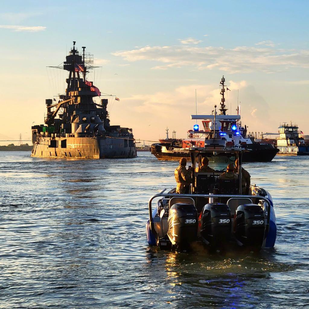 HCSO_CIB's tweet photo. Today is a historic event, HAPPENING NOW:

The Battleship Texas, the 1910 vessel that took part in both World War I and II, is being towed from the San Jacinto Battleground to Galveston for its new home. Our maritime tactical operation section providing security escort! https://t.co/AweCg8bAqC