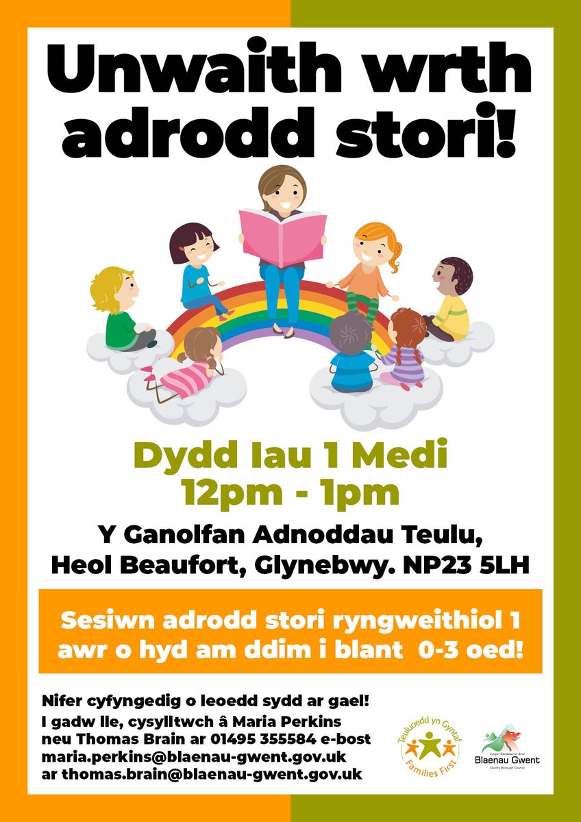 bgfis's tweet photo. Unwaith wrth adrodd stori! Dydd Iau 1 medi 12pm - 1pm
Y Ganolfan Adnoddau Teulu, Heol Beaufort, Glynebwy NP23 5LH.
Archebwch trwy ffonio 01495 355584 neu e-bost maria.perkins@blaenau-gwent.gov.uk neu thomas.brain@blaenau-gwent.gov.uk https://t.co/XJvkHXnDa4