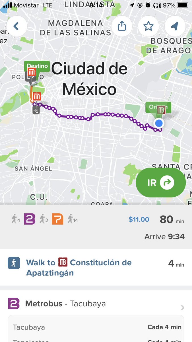 aldo_mf's tweet photo. #CommuteDiaries dice @Citymapper que tardaré 80 minutos viajando en @MetrobusCDMX y @MetroCDMX del #oriente al #poniente caótico citadino #DiariosDeViaje https://t.co/YlTzYCJM8B