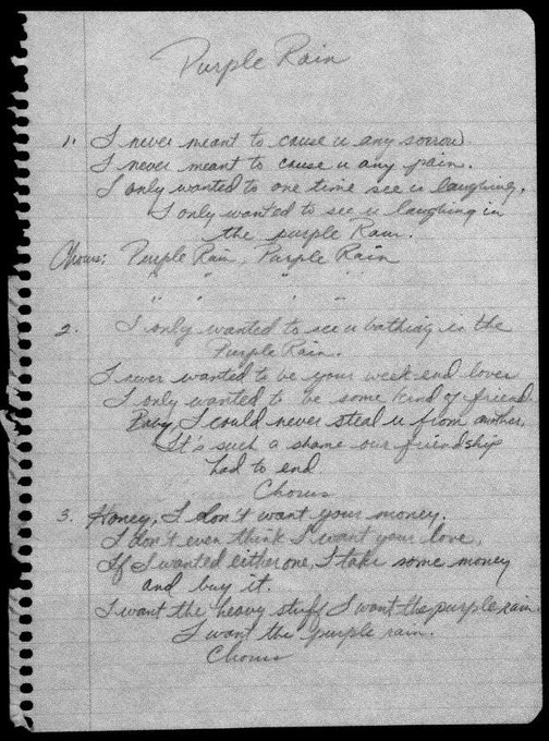 Prince's handwritten lyrics to "Purple Rain."