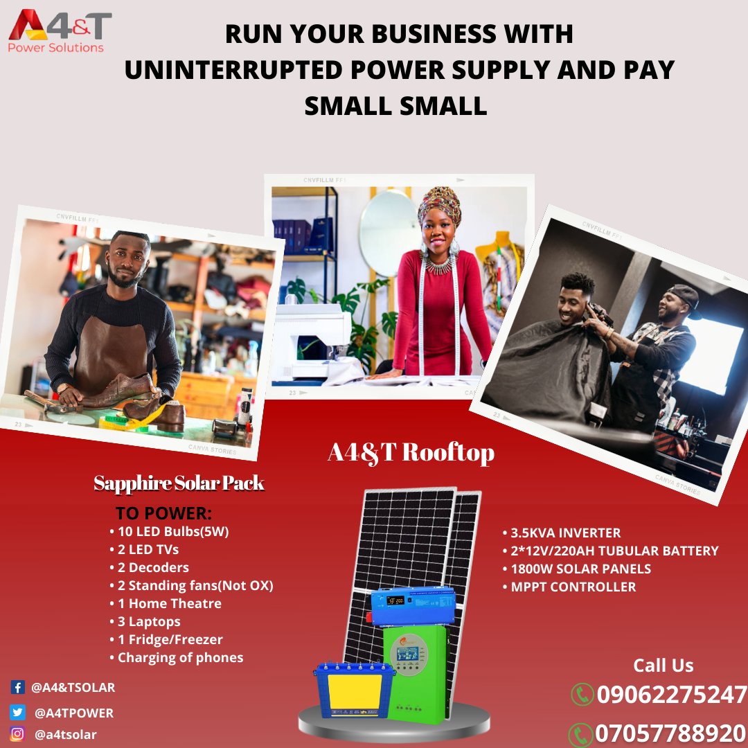 A4TPower's tweet photo. Vitalize your business with all the electrical power you'll ever need. You can now power your business with any of our rooftop packages and Pay Small Small.
choose between 6and 24 months plan
for more info call us on 09062275247, 07057788920
#solarenergy #paysmallsmall #cabon https://t.co/emTGvTmDTo