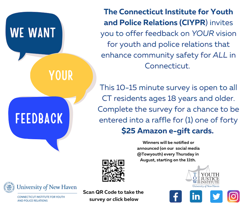 The #Connecticut Institute for Youth and Police Relations at #UNewHaven, led by <a href="/Professor_Boyd/">Dr. Lorenzo M. Boyd</a> &amp; <a href="/PreventionDani/">D. Cooper, PhD, CPP</a>, invites you to participate in a survey to share your feedback on your vision for youth and #police relations that enhance community safety for all in CT. <a href="/TowYouth/">Tow Youth</a>