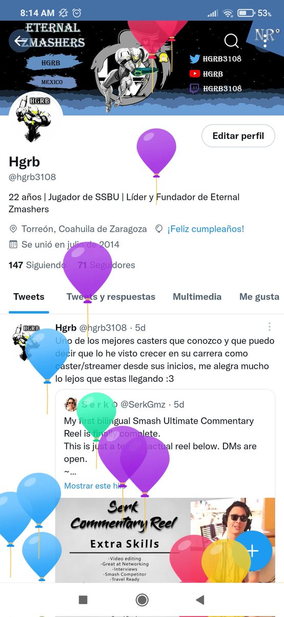 hgrb3108's tweet photo. No suelo hacer esto, pero hoy tengo globitos en mi perfil jajaja, quiero agradecer a todos los que me han acompañado durante estos años, a los miembros de @EZmashers por confiar en mi como su lider y a esas personas especiales para mi que siempre estan ahi apoyandome, Gracias <3 https://t.co/ugpQB7xBJ8