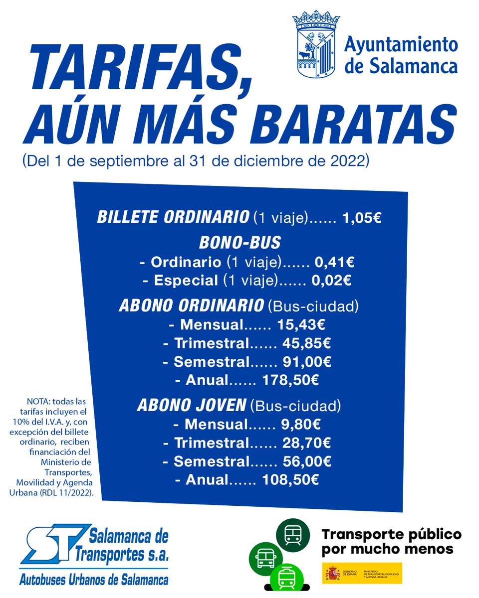 aytoSalamanca's tweet photo. 🚍El #AyuntamientodeSalamanca aplicará, a partir de mañana 1 de septiembre, la #reducción del 30% en las #tarifas de los abonos y títulos multiviaje del servicio de transporte urbano.

https://t.co/wXPJej84pG https://t.co/zF6zkiwjL2