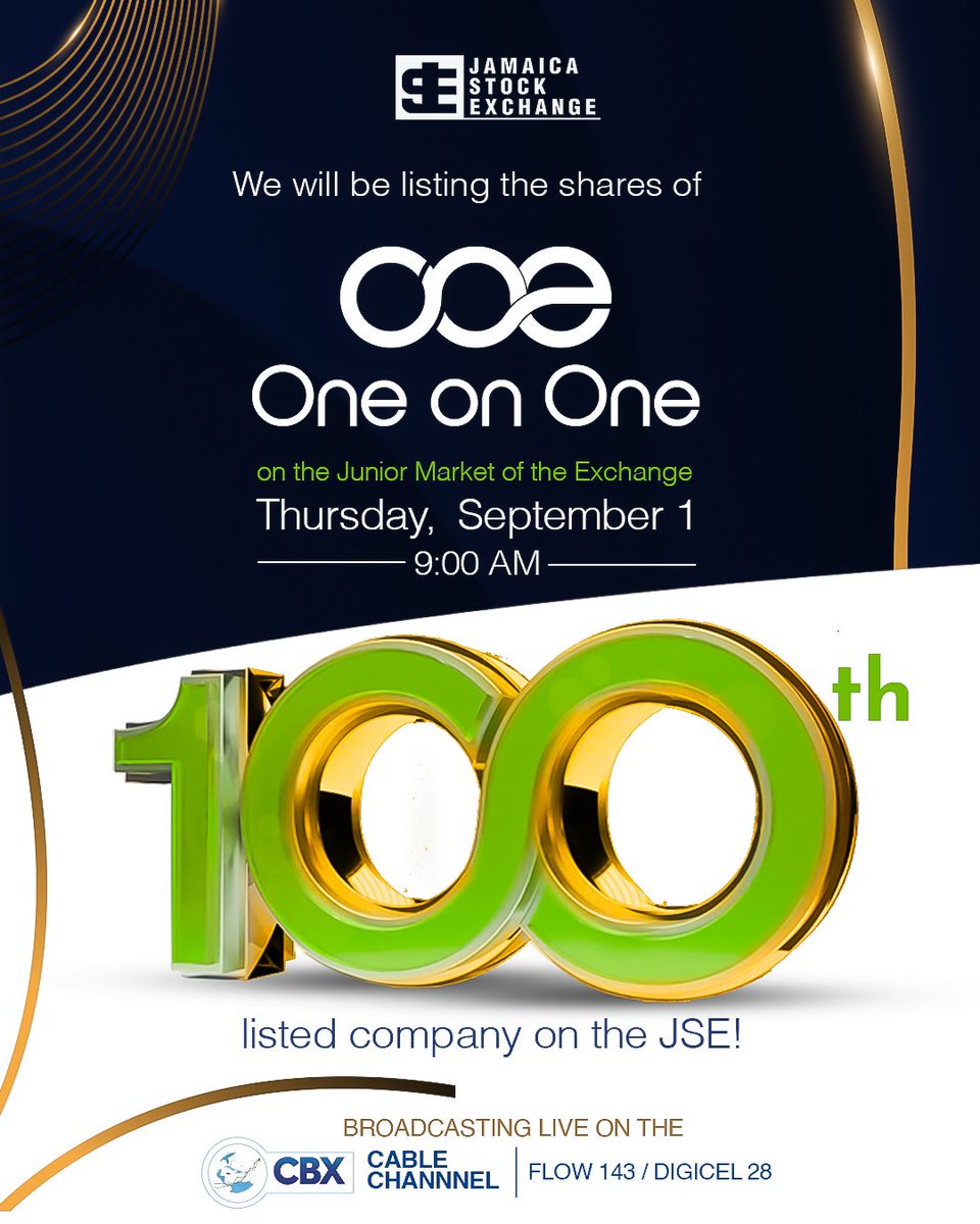 jastockex's tweet photo. We will be listing the shares of @OneOnOneLMS on the Junior Market of the Exchange tomorrow!

Watch the listing ceremony live via CBX (Caribbean Business Exchange) Cable Channel.

FLOW 143 | Digicel 28

#NewListing #JuniorMarket #JSE100 #JSENews #JSE https://t.co/oFl3wLfxl4