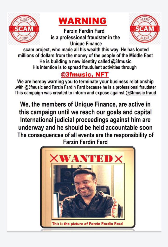 Reza28074445's tweet photo. @opensea @LinkedIn @niftygateway @Supercar @3fmusic @TheBinanceNFT
@cz_binance @JRArtSpace_NFT
@NFTTrack @HHShkMohd
@hamdanmohammed @bbcpersian
@ANATII @NUTSIOOO @juliangilliam @Gregcipes
@johnknopf @Aaronhaber

#farzinfardinfard_is_scamer_uniquefinance 
#3fmusic https://t.co/W5mRDRSH7f