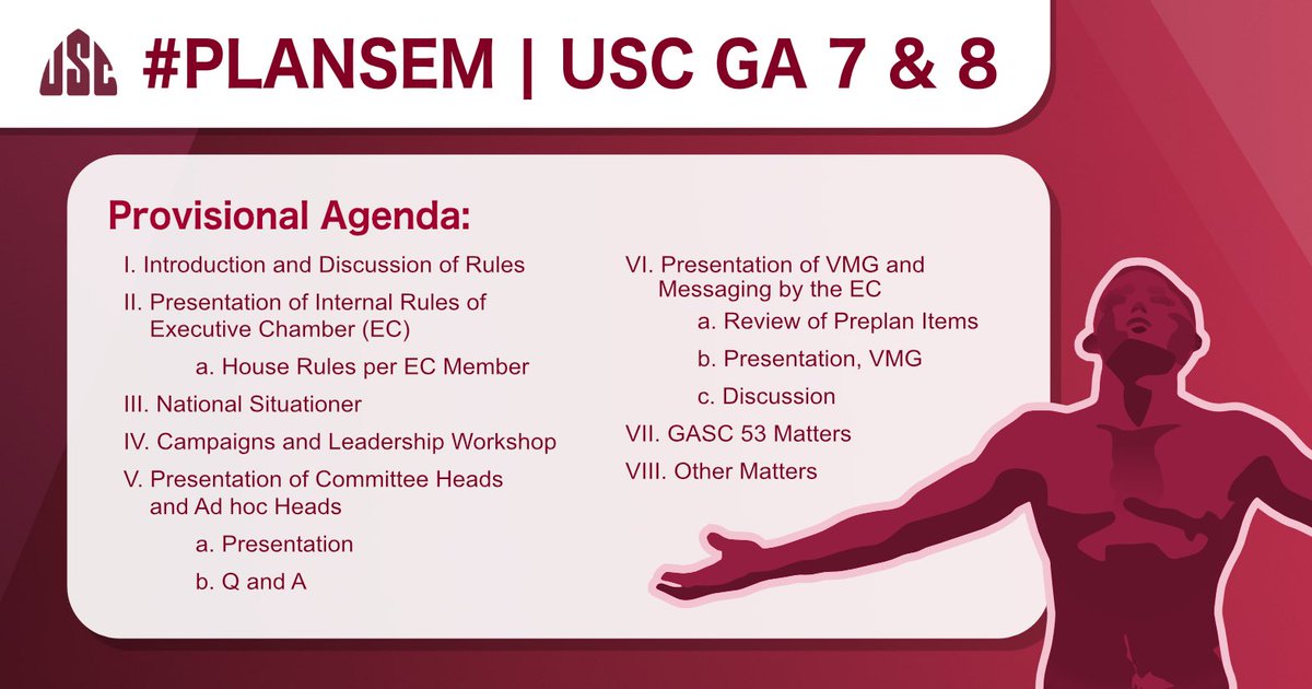USCUPDiliman's tweet photo. #PlanSem | The UP Diliman University Student Council is set to hold its PlanSem on its 7th and 8th General Assemblies, September 1 and 2 (from 3 PM to 7 PM).
The Provisional Agenda items are provided in the image below. https://t.co/PymTtgkxRg
