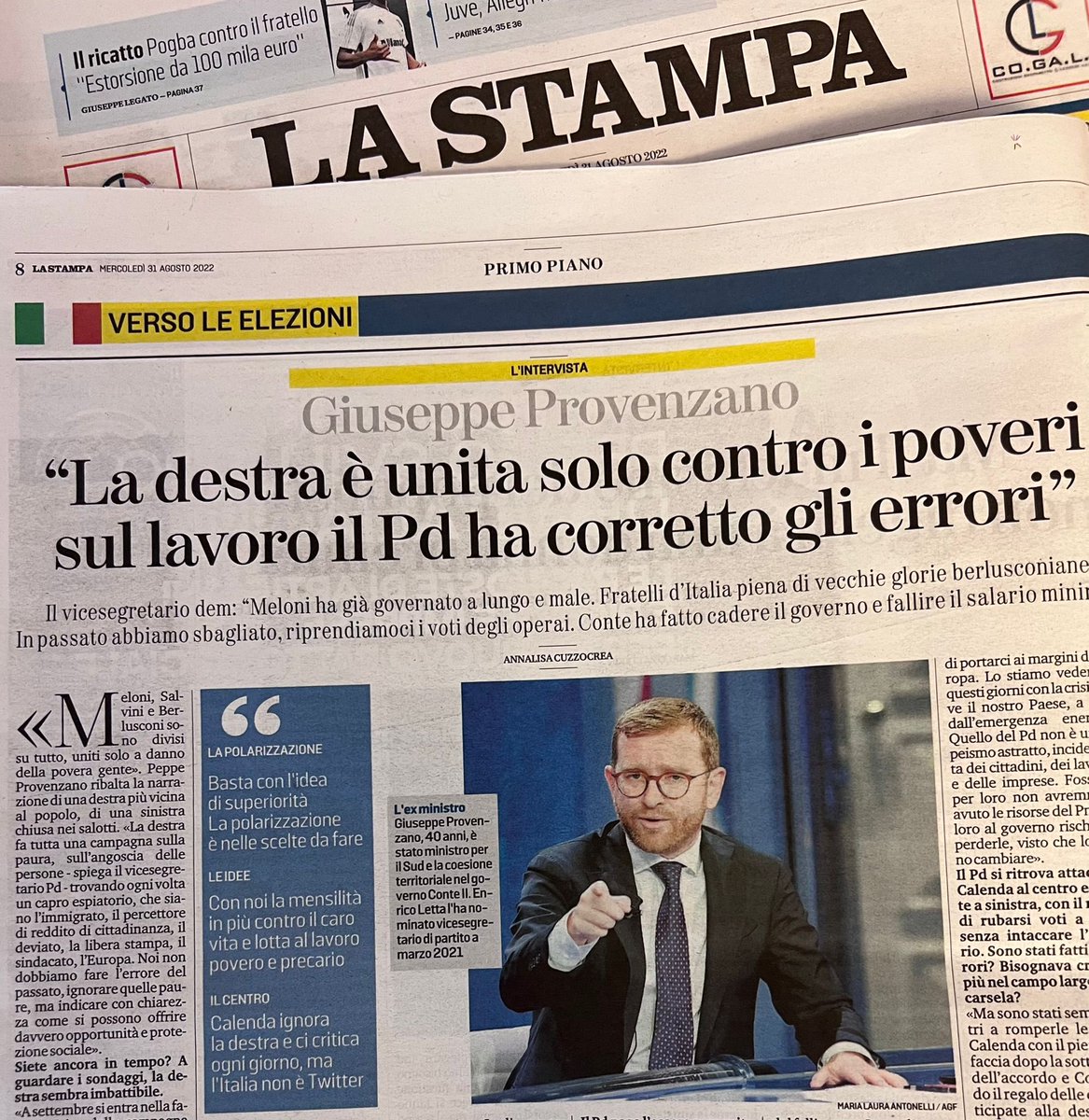 Abbiamo il programma più progressista. Su ambiente,diritti, lavoro, dobbiamo essere credibili nel cambiamento. Meloni non parla mai di salari, solo flat tax,abolizione del RdC e dagli all’immigrato. 

Divisi su tutto, uniti a danno della povera gente.

Su <a href="/lastampa/">La Stampa</a>, con <a href="/la_kuzzo/">Annalisa Cuzzocrea</a>
